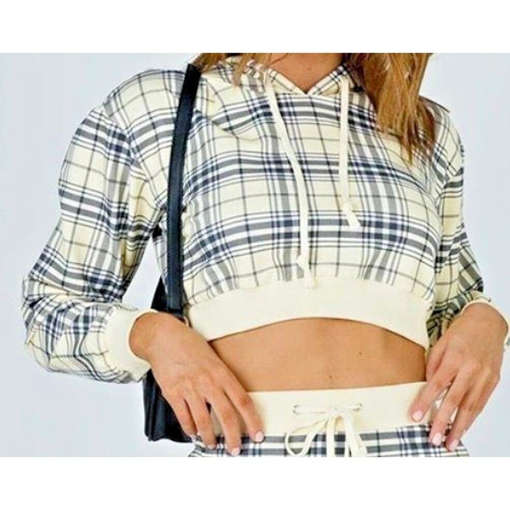 Princess Polly Hoodie Women 0 Cream Plaid Cropped Streetwear Sweatshirt Pullover